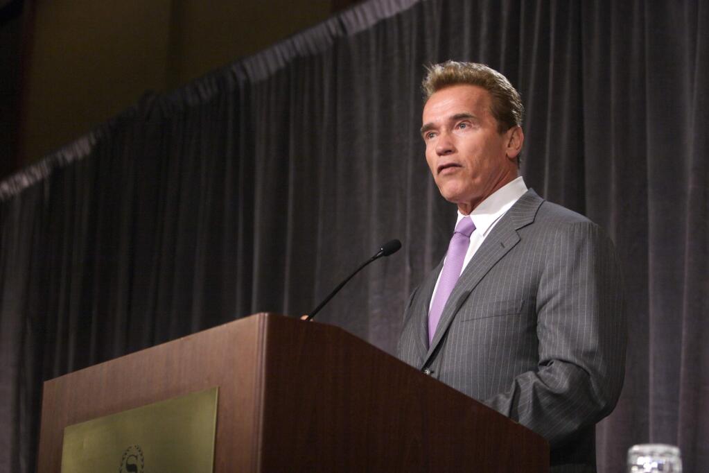 Arnold Schwarzenegger, above at a California Medical Association luncheon during his governorship, supported a $200 million mobile stand-by hospital program that was subsequently cut by his gubernatorial successor Jerry Brown.
