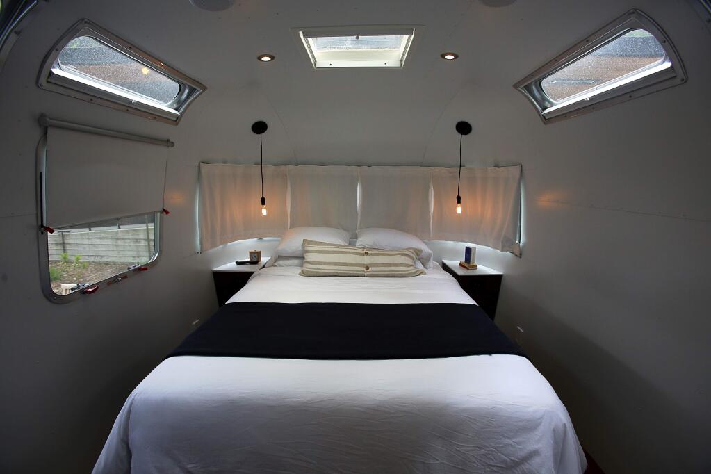 The bedroom compartment in a custom made Airstream trailer at AutoCamp, in Guerneville on Wednesday, May 24, 2017. (Christopher Chung/ The Press Democrat)