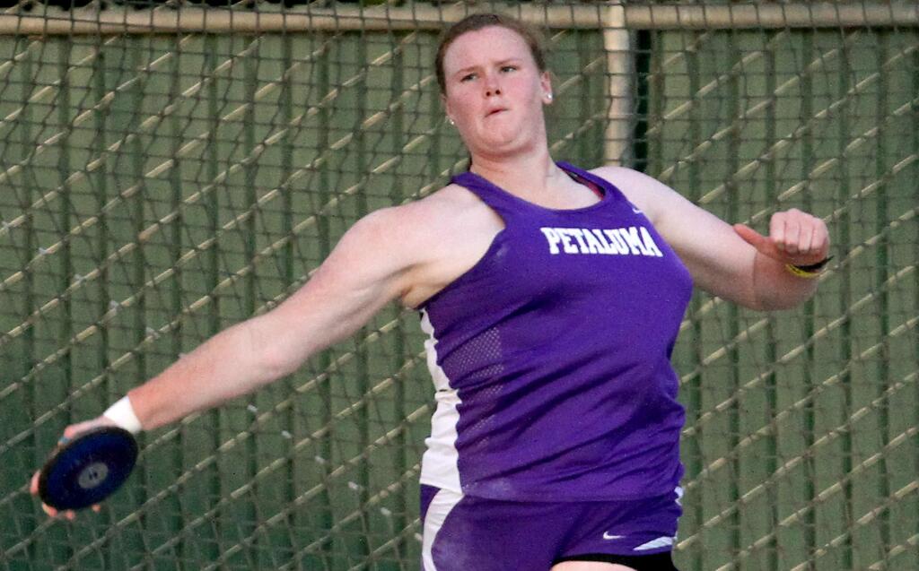 Petaluma High School's Allison Scranton took fourth place in the discus with a throw of 149-04 during the 2015 CIF Track & Field Championships held at Veterans Memorial Stadium in Clovis, Saturday, June 6, 2015. (Crista Jeremiason/ The Press Democrat)