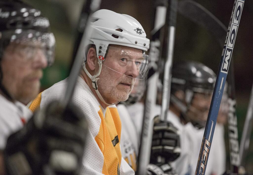 Don Clement, of Oklahoma, plays in a senior hockey game in Santa Rosa Tuesday, July 5, 2015. Clement has been participating in Snoopy's Senior World Hockey Tournament for 25 of the tournament's 40 years. Clement says he loves the camaraderie, and that seeing the friend he's made feels like going to a high school reunion every year.