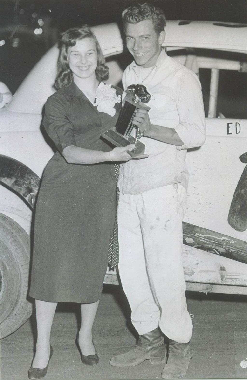 Petaluma, CA, USA. Tuesday, October 04, 2016._Ed Lopus accepting a hardtop race trophy in 1958. Photo courtesy Ed Lopus.