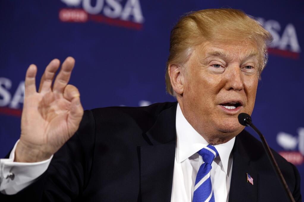 President Donald Trump speaks during a roundtable discussion on tax policy Thursday, April 5, 2018, in White Sulphur Springs, W.Va. (AP Photo/Evan Vucci)