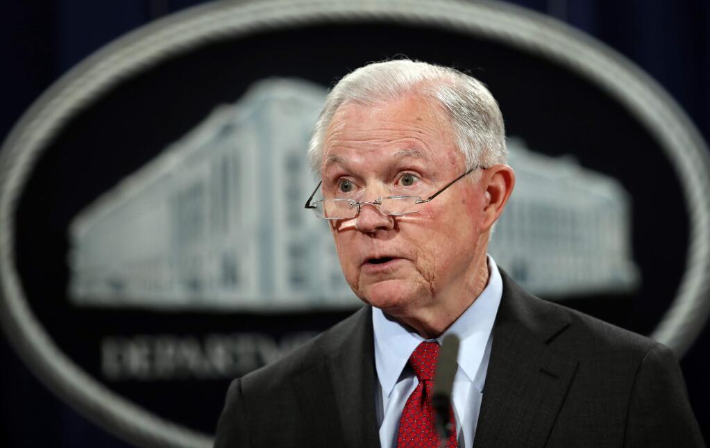 FILE - In this Dec. 15, 2017, file photo, United States Attorney General Jeff Sessions speaks during a news conference at the Justice Department in Washington. Justice Department spokesman Ian Prior said Tuesday that Sessions has been interviewed in special counsel Robert Mueller's Russia investigation. (AP Photo/Carolyn Kaster, File)