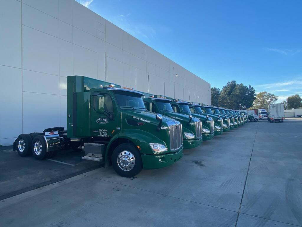 Napa-based logistics company Biagi Brothers swapped out 30 of its older big rigs for ones operating on compressed natural gas, as shown here at its Ontario, California, facility. (Gregg Stumbaugh photo)