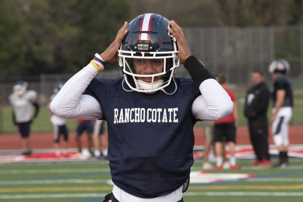 Sailasa Vadrawale, 16, a wide receiver and defensive back for the Rancho Cotate High School football team, during a practice at the school in Rohnert Park on Wednesday, Sept. 15, 2021. (Erik Castro / For The Press Democrat)