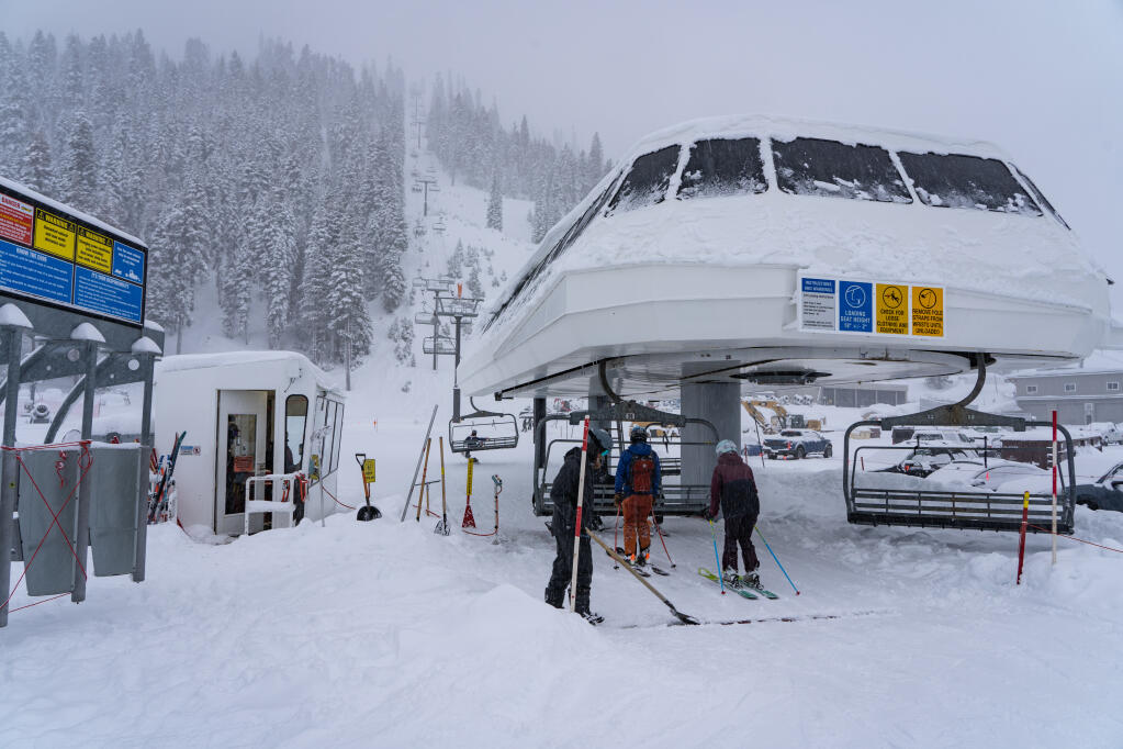 More than 8 feet of snow covers the mountain at Palisades Tahoe ski resort in Olympic Valley, Tuesday, Jan. 10, 2023. (Blake Kessler)