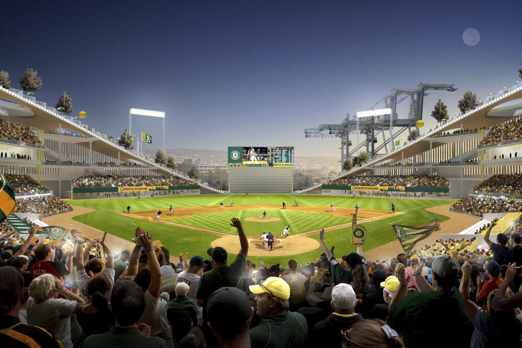 This rendering provided by the A’s shows a home plate view of their proposed ballpark at Howard Terminal near Jack London Square in Oakland. (Bjarke Ingels Group/Oakland Athletics)