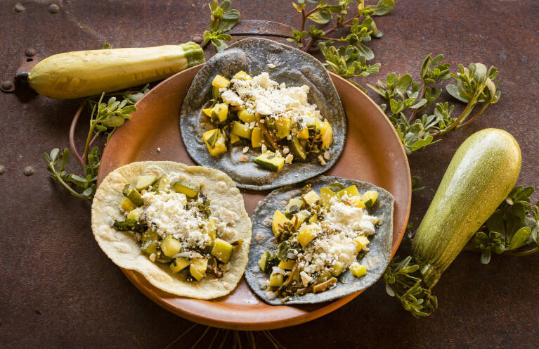Squash and Purslane Tacos with hand made tortillas from Tierra Vegetables July 21, 2022. (John Burgess/The Press Democrat)