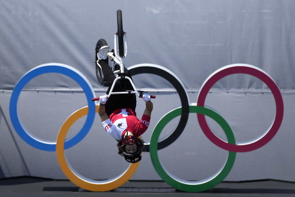 Nikita Ducarroz of Switzerland competes in the women’s BMX freestyle final at the Olympics on Sunday, Aug. 1, 2021, in Tokyo, Japan. (Ben Curtis / ASSOCIATED PRESS)