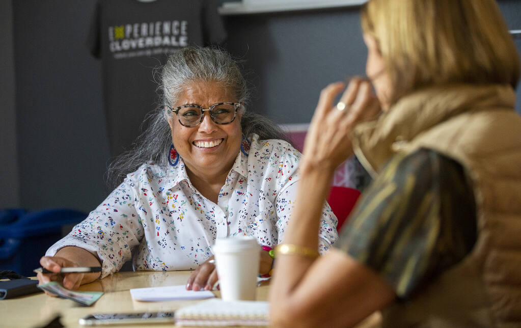 Cloverdale Mayor Marta Cruz meets with Neena Hanchett, the director of the Chamber of Commerce, about trying to attract a group to the city on Friday, May 21, 2021.   (John Burgess / The Press Democrat)