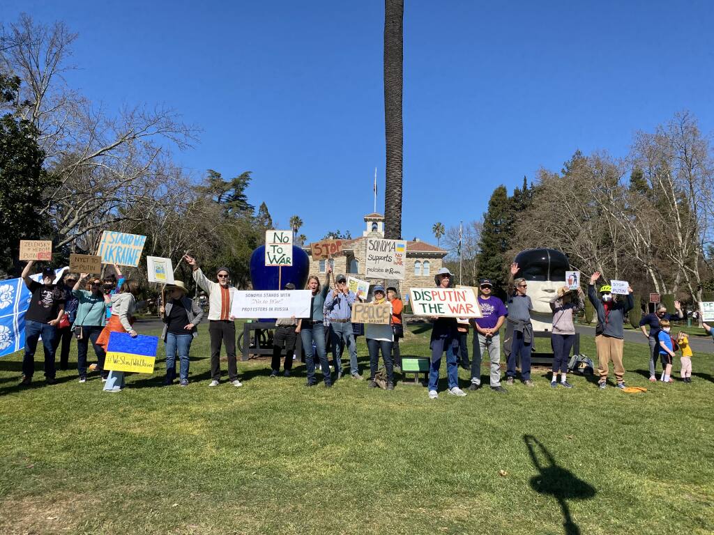 A vigil for Ukraine takes place on Sonoma Plaza on Monday, Feb. 28, 2022. (Photo: Pam Burns-Clair)