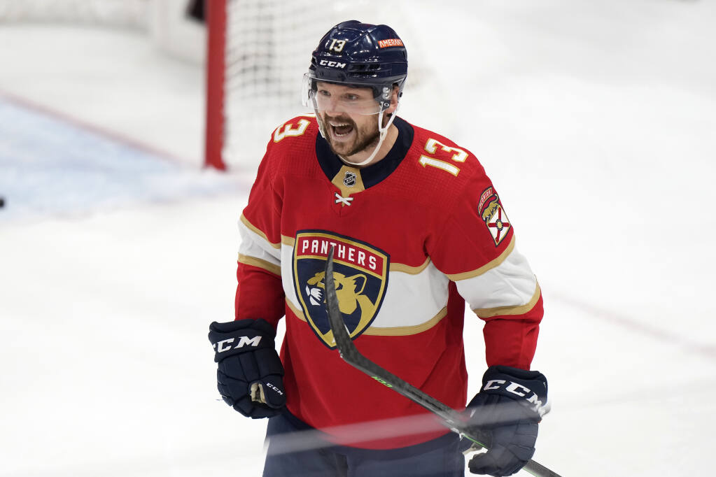 Florida Panthers center Sam Reinhart celebrates after scoring during the second period of Game 3 of the Eastern Conference finals against the Carolina Hurricanes, Monday, May 22, 2023, in Sunrise, Florida. (Wilfredo Lee / ASSOCIATED PRESS)