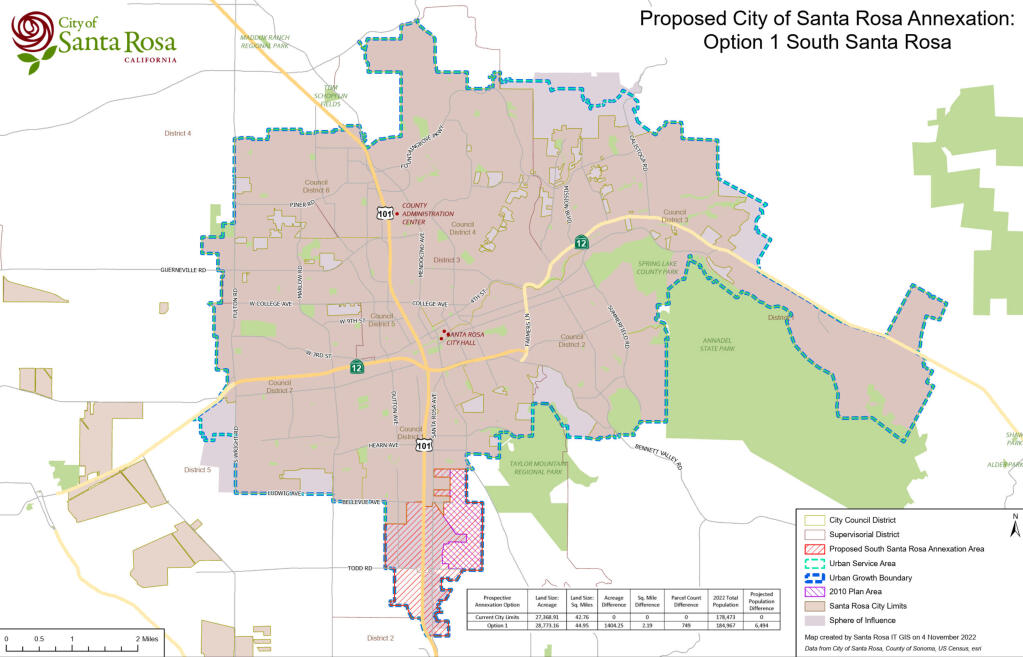 The city's first annexation option includes the area south of Santa Rosa city limits, including the Moorland Avenue neighborhood, south Santa Rosa Avenue and an undeveloped area east of Santa Rosa Avenue. (City of Santa Rosa)