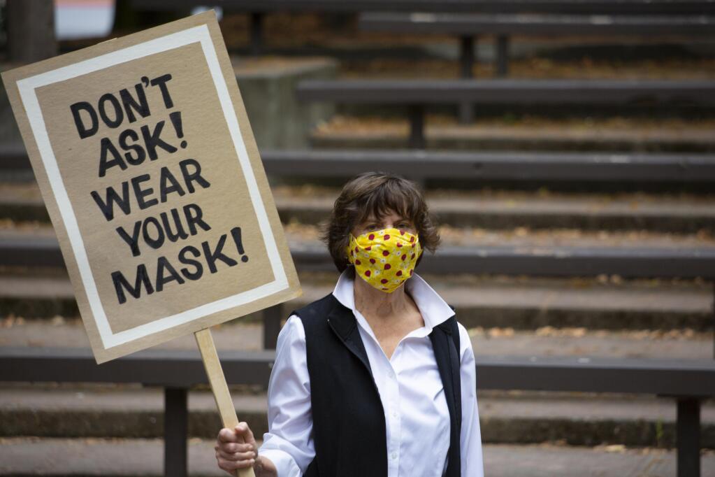 Judy Vadasz was one of 10 former Sonoma Alcaldes who met at the Grinstead Amphitheatre on Thursday, Aug. 6, to encourage the wearing of masks and safe distancing during the COVID-19 pandemic. (Photo by Robbi Pengelly/Index-Tribune)