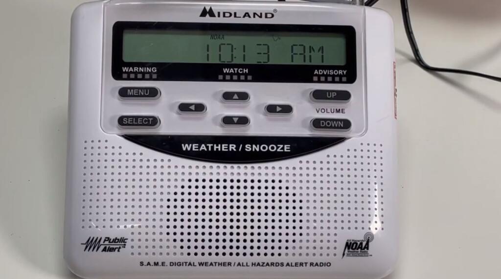 A NOAA weather radio like the kind Santa Rosa plans to give away to thousands of residents in the coming weeks, as seen in a video the city created ahead of the giveaway. (City of Santa Rosa/YouTube)