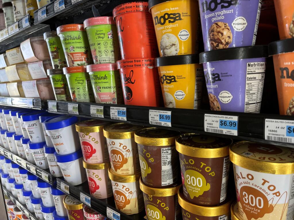 Pints of ice cream fill the shelves at Petaluma Market, Friday, Dec. 9, 2022 – but none of it is from Clover Sonoma. The local dairy discontinued its line of ice creams several weeks before, a store manager said. (David Templeton/for the Argus Courier)