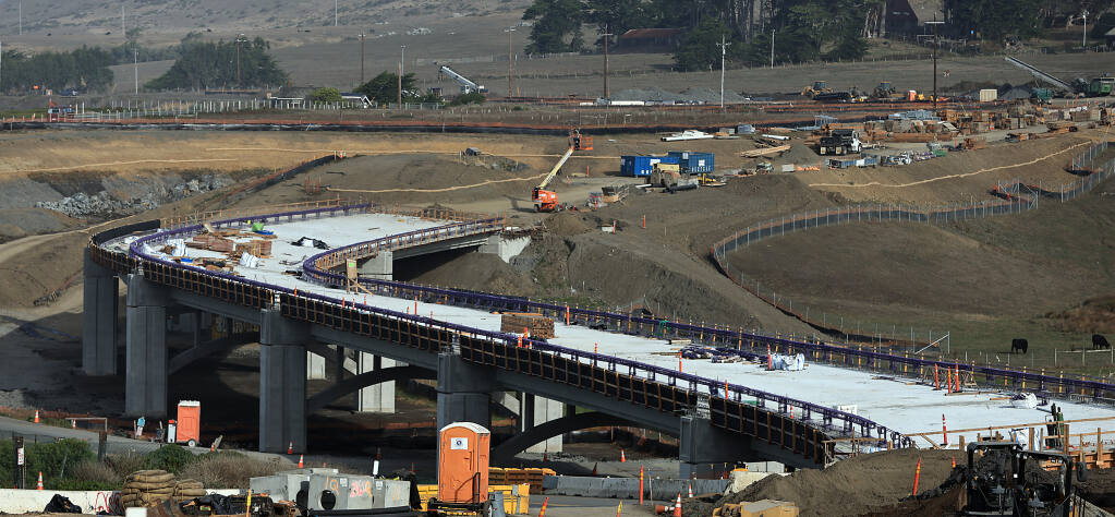 Construction continues on the new Highway one bypass at Gleason Beach, Saturday, Oct. 22, 2022, north of Bodega Bay. (Kent Porter / The Press Democrat file)