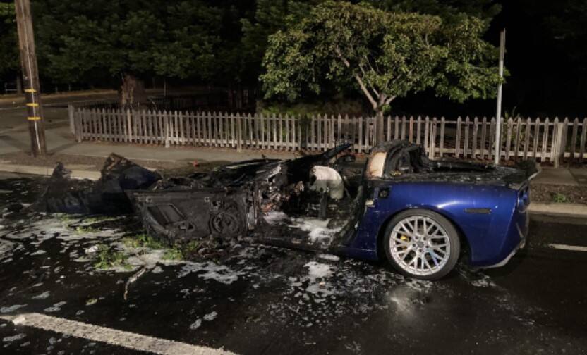 A car fire was reported during an illegal sideshow at Summerfield Road and Hoen Avenue in Santa Rosa. It was one of two vehicle fires reported during a string of sideshows late Saturday, June 18 and early Sunday June 19. (Photo courtesy: Santa Rosa Police Department)