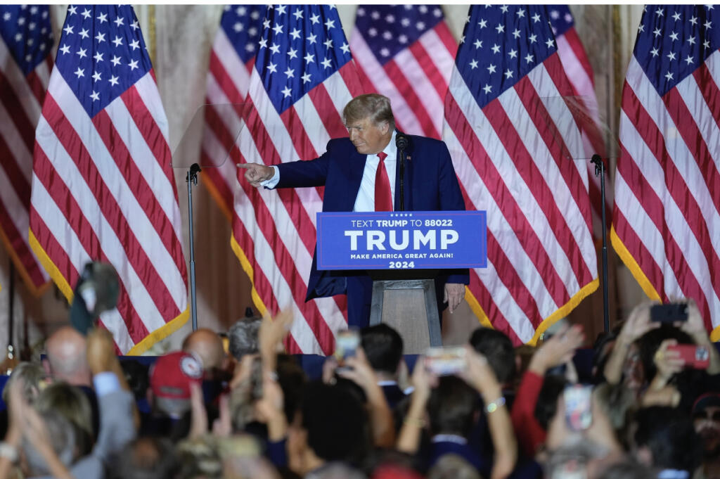 Former President Donald Trump gestures to the crowd Tuesday