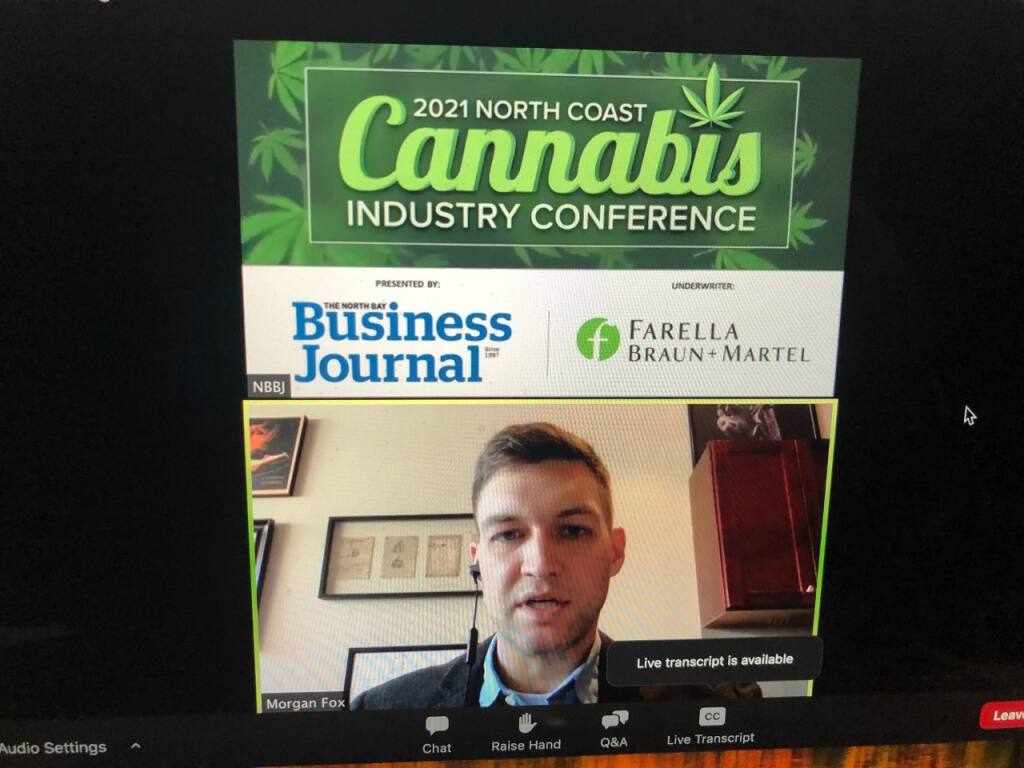 National Cannabis Industry Association Media Relations Director Morgan Fox talks during the North Bay Business Journal’s North Coast Cannabis Industry Conference virtual event on Wednesday, May 5. (Susan Wood / North Bay Business Journal)