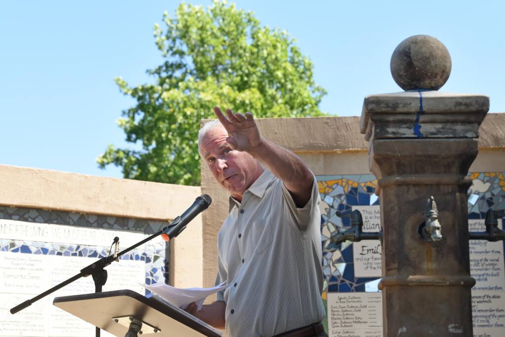 Rabbi George Gittleman of Congregation Shomrei Torah speaks at a blessing on Sunday, July 12, 2020 for a fountain dedicated to Holocaust survivors. The fountain was recently repaired after being toppled and smashed last month at Santa Rosa Memorial Park in Santa Rosa, California. (Erik Castro/for The Press Democrat)