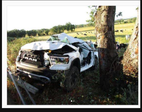 Ulises Valdez Jr.’s pick-up after colliding with a tree on May 12, 2021. (California Highway Patrol)