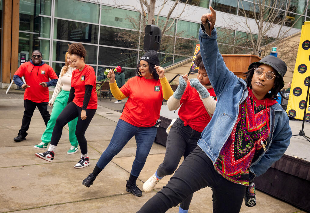 Erica Ambrin, right, and a group of Sonoma State University students do the electric slide to “Before I let Go” by Beyoncé at the second annual Black Joy Celebration at Sonoma State University in Rohnert Park, Thursday, Feb. 15, 2024. (John Burgess / The Press Democrat)