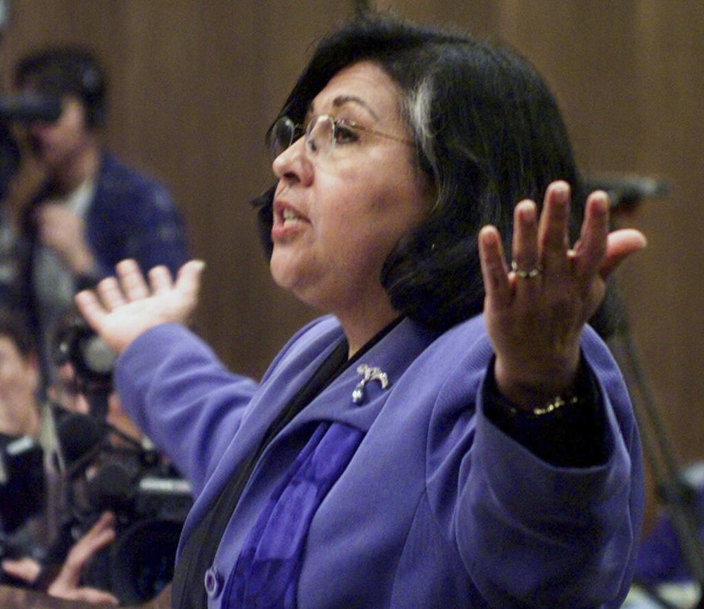 FILE - Los Angeles County Supervisor Gloria Molina speaks before the board of the Los Angeles Unified School District, Tuesday, Jan. 25, 2000, at district headquarters in Los Angeles. Molina, a groundbreaking Chicana leader in state and local California politics for more than 30 years, has died Sunday, May 14, 2023, at age 74. (AP Photo/Reed Saxon, File)