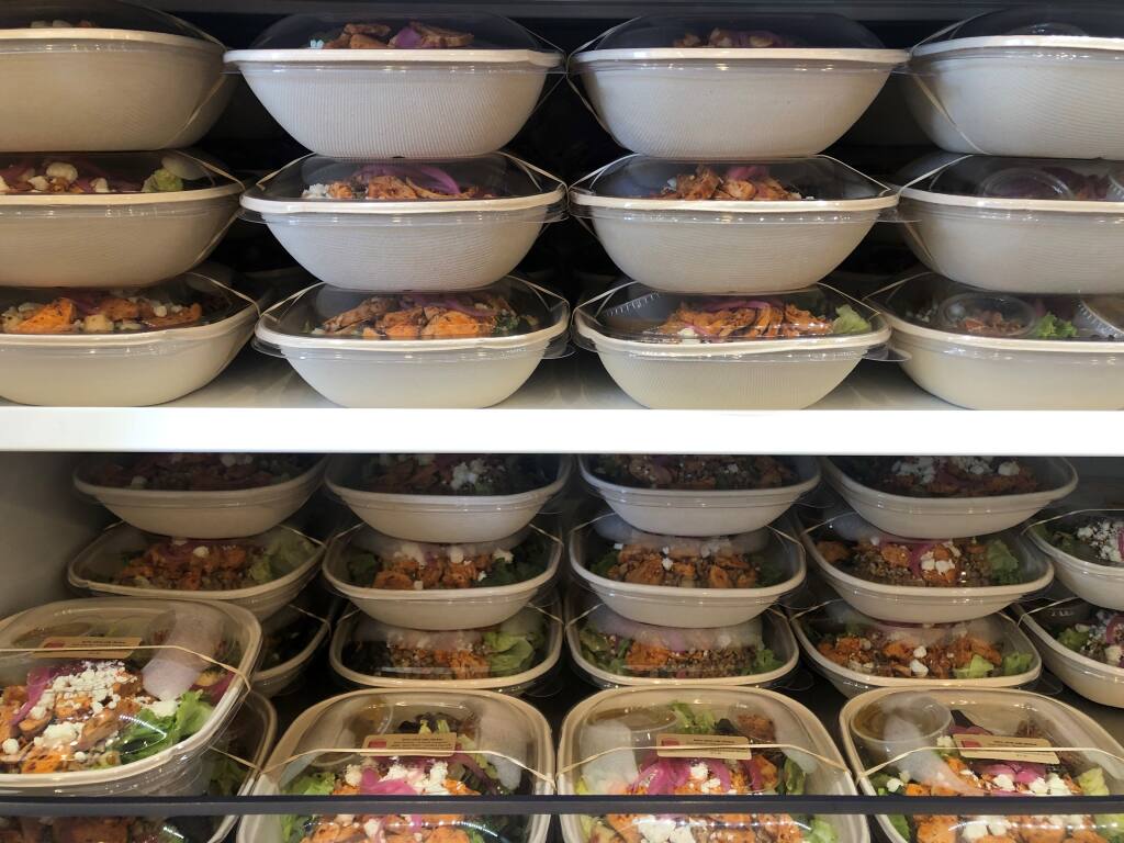This shows the various compostable salad containers Lunchette restaurant in Petaluma uses. (Naomi Crawford Photo)