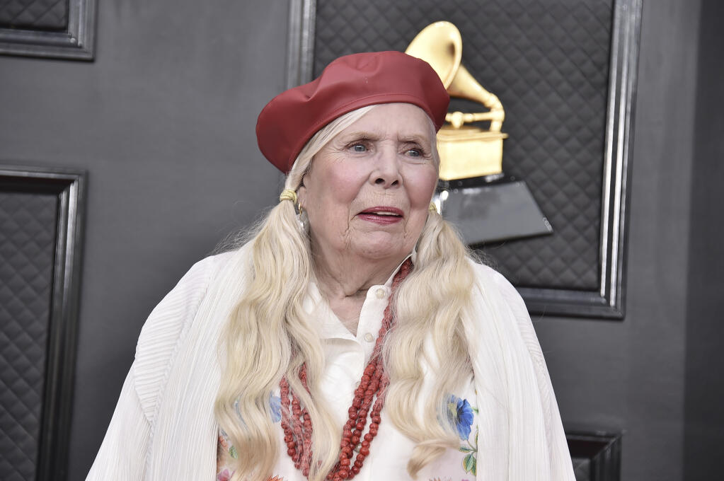 Joni Mitchell arrives at the 64th Annual Grammy Awards at the MGM Grand Garden Arena on Sunday, April 3, 2022, in Las Vegas. (Photo by Jordan Strauss/Invision/AP)