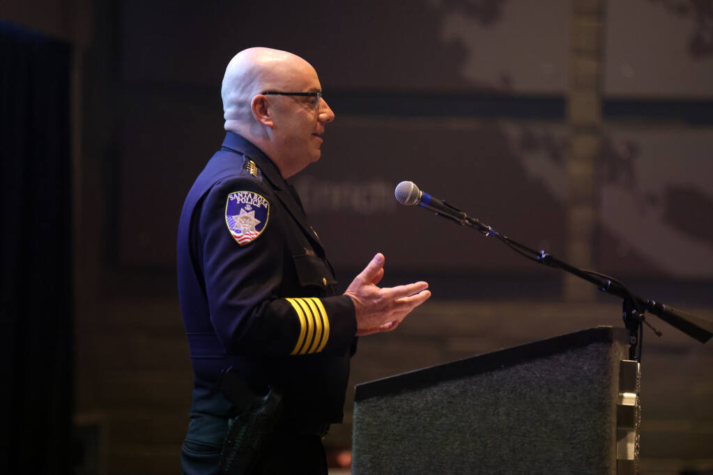 John Cregan speaks after being sworn in as chief of the Santa Rosa Police Department at the Luther Burbank Center for the Arts in Santa Rosa on Monday, July 25, 2022. (Beth Schlanker / The Press Democrat)