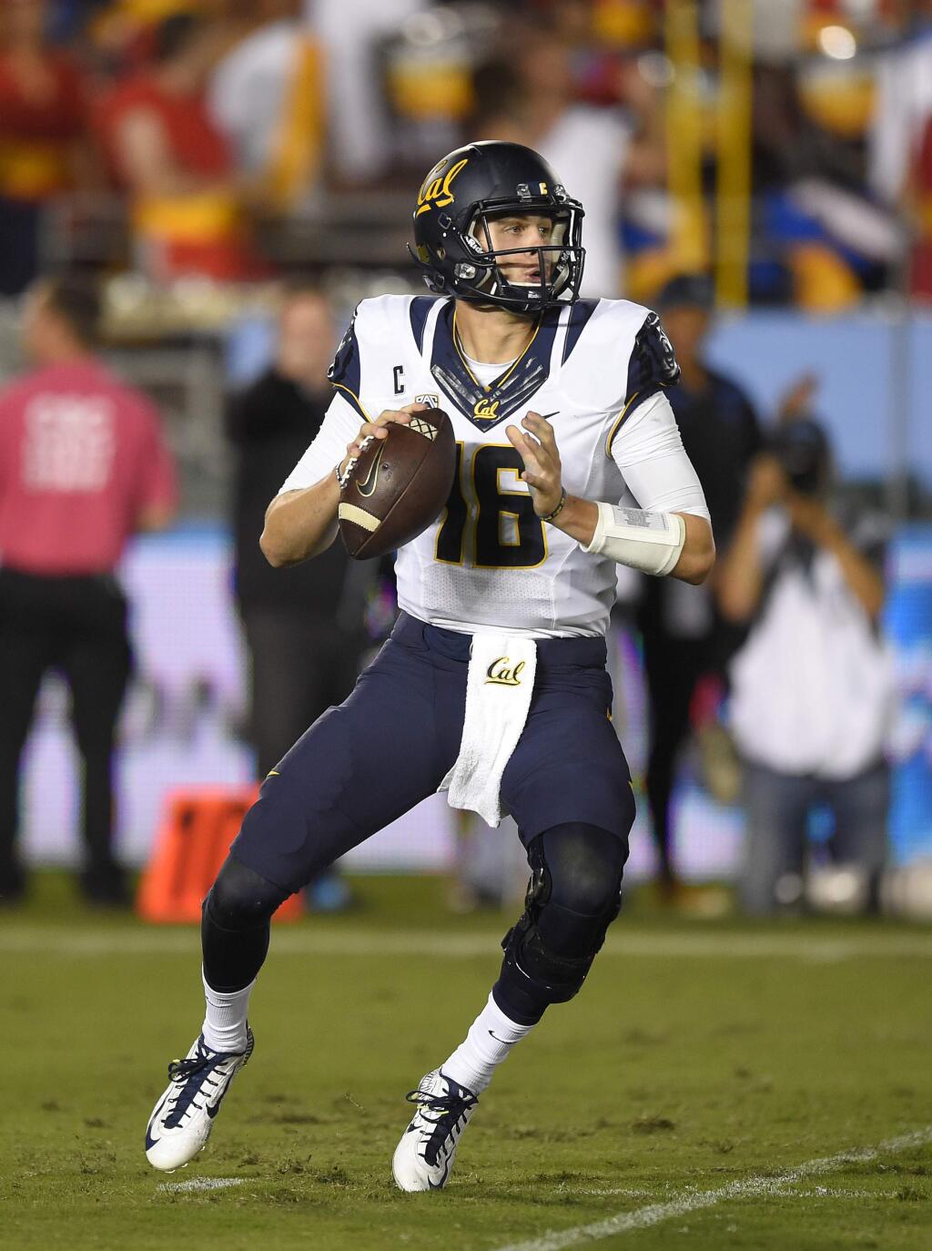 In this Oct. 22, 2015, file photo, California quarterback Jared Goff passes against UCLA in Pasadena. Behind talented quarterback Jared Goff and an improved defense in coach Sonny Dykes' third year, the Bears are bowl eligible for the first time since 2011 and are seeking their first Big Game win since 2009. (AP Photo/Mark J. Terrill, File)