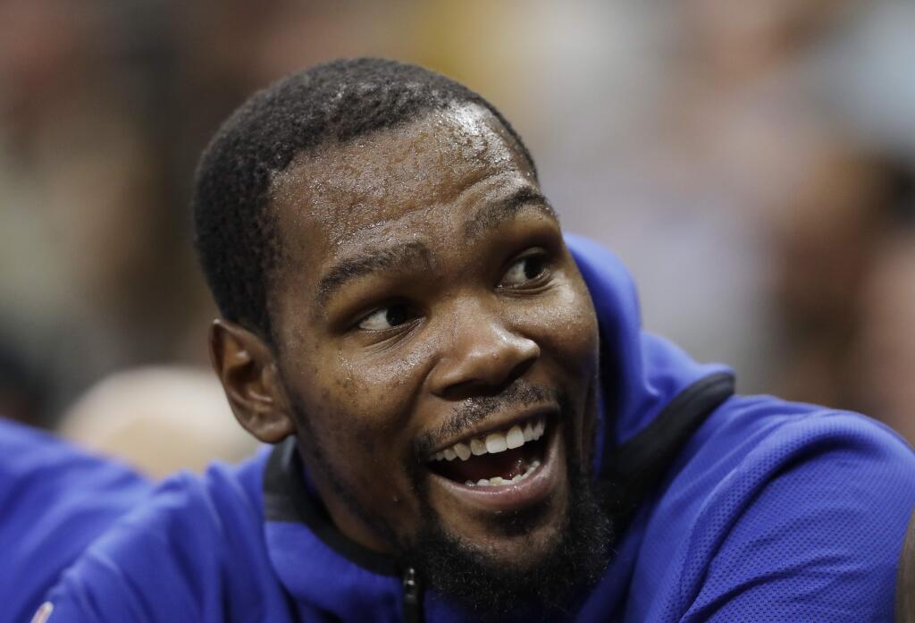 Golden State Warriors forward Kevin Durant during the second half against the San Antonio Spurs, Thursday, Nov. 2, 2017, in San Antonio. Golden State won 112-92. (AP Photo/Eric Gay)