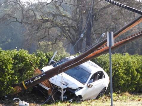 A suspected DUI driver crashed into a utility pole in Santa Rosa on Saturday, Jan. 18, 2020, forcing hundreds of area residents to lose power for hours. (BOB SOUZA)