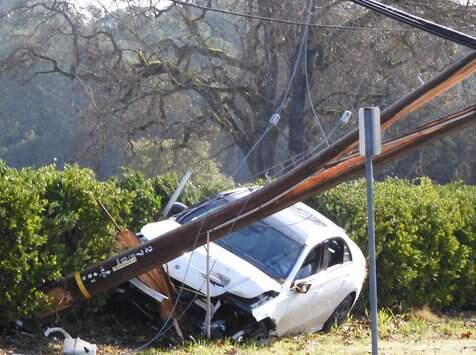 A suspected DUI driver crashed into a utility pole in Santa Rosa on Saturday, Jan. 18, 2020, forcing hundreds of area residents to lose power for hours. (BOB SOUZA)