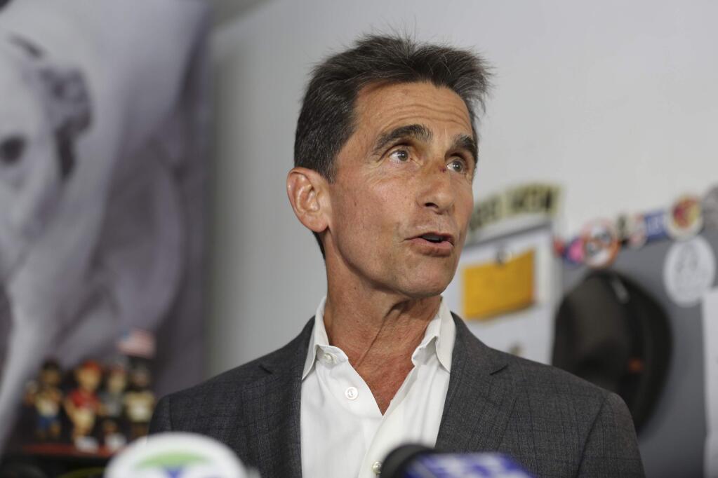 Former state Sen. Mark Leno talks with reporters while conceding the race for San Francisco mayor Wednesday, June 13, 2018, in San Francisco. Leno said that he called chief rival London Breed with his congratulations in her new job as mayor. He said Breed was a 'remarkable young woman' who will do a fine job as mayor. (AP Photo/Lorin Eleni Gill)