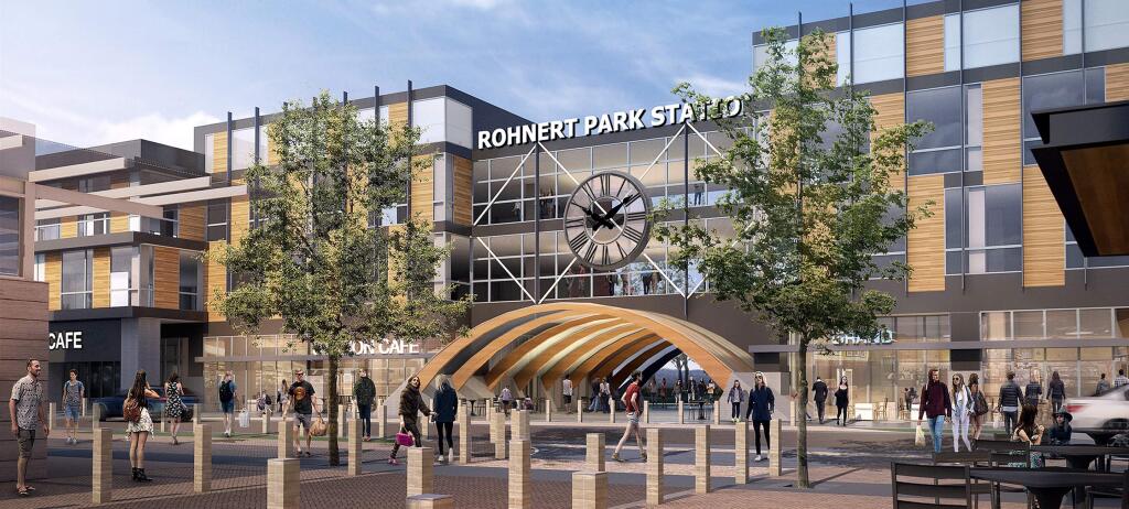 If approved Tuesday by Rohnert Park City Council, commuters on the SMART train would pass through the $400 million downtown redevelopment envisioned by San Francisco-based Laulima Development en route to work or myriad restaurants and reail shops, starting fall 2020. (Courtesy Laulima Development)