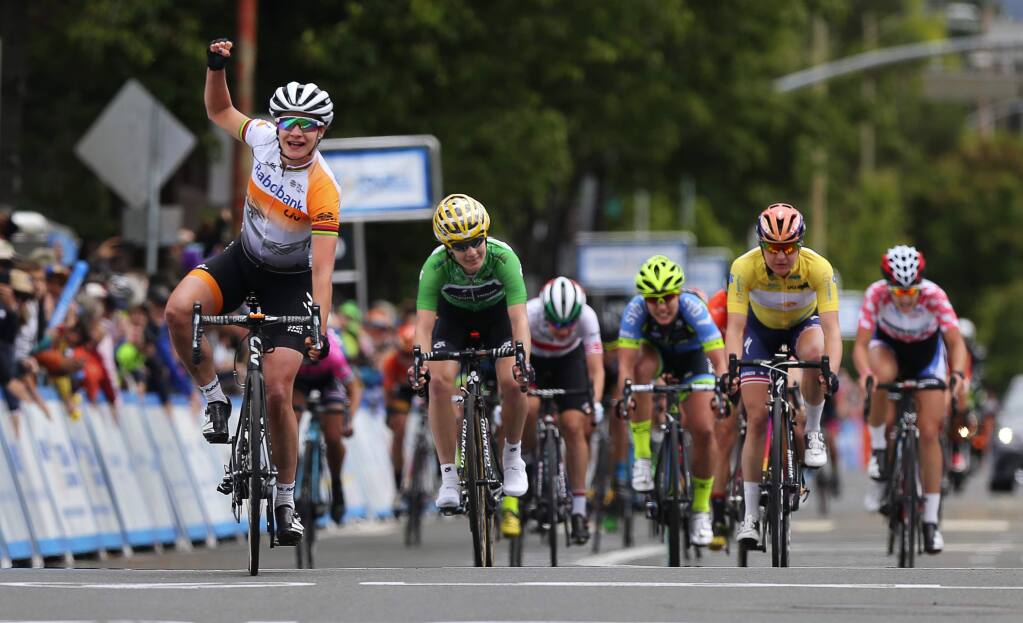 Marianne Vos wins the third stage of the Amgen Tour of California women's race in Santa Rosa, on Saturday, May 21, 2016. (Christopher Chung / The Press Democrat)