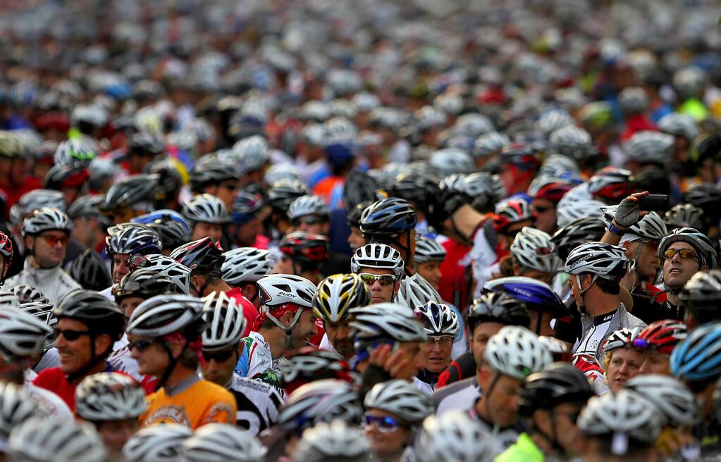 7500 bicycle riders cram the start of Levi Leipheimer's King Ridge GranFondo, Saturday Oct. 1, 2011 at Finley Park in Santa Rosa. (Kent Porter / Press Democrat) 2011