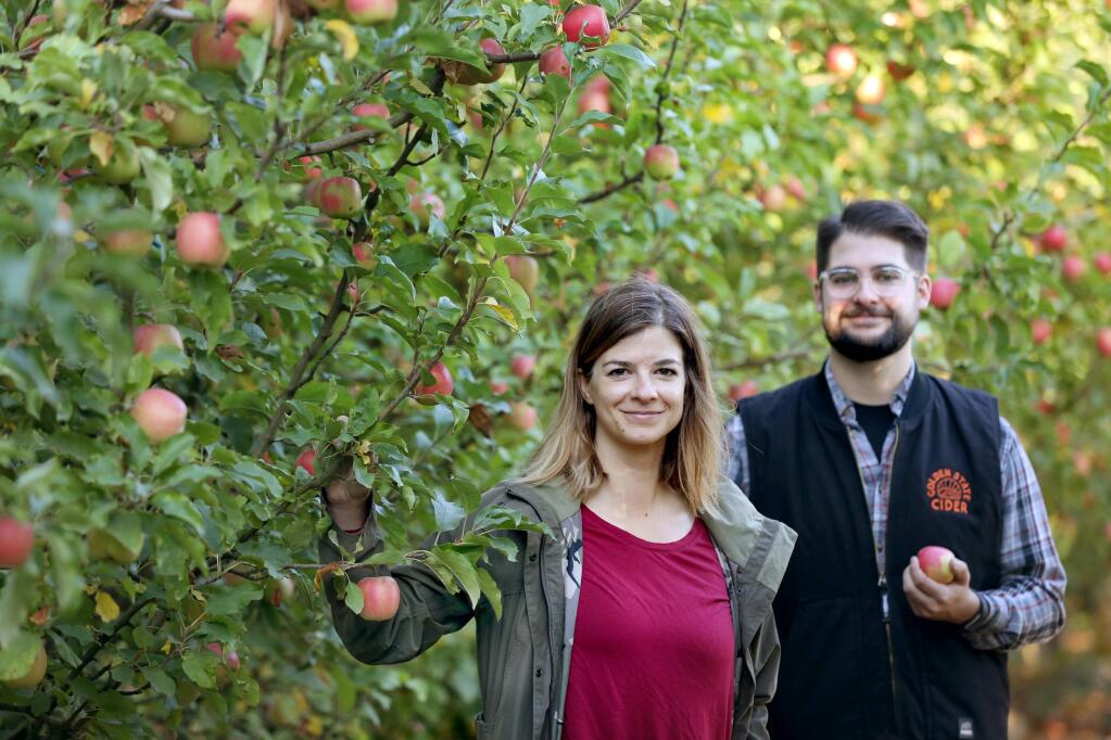 Jolie Devoto, Co-Founder of Golden State Cider, and Tim Godfrey, Head Cidermaker, stand in orchard at Devoto Orchards in Sebastopol on Wednesday, October 23, 2019. (BETH SCHLANKER/ The Press Democrat)