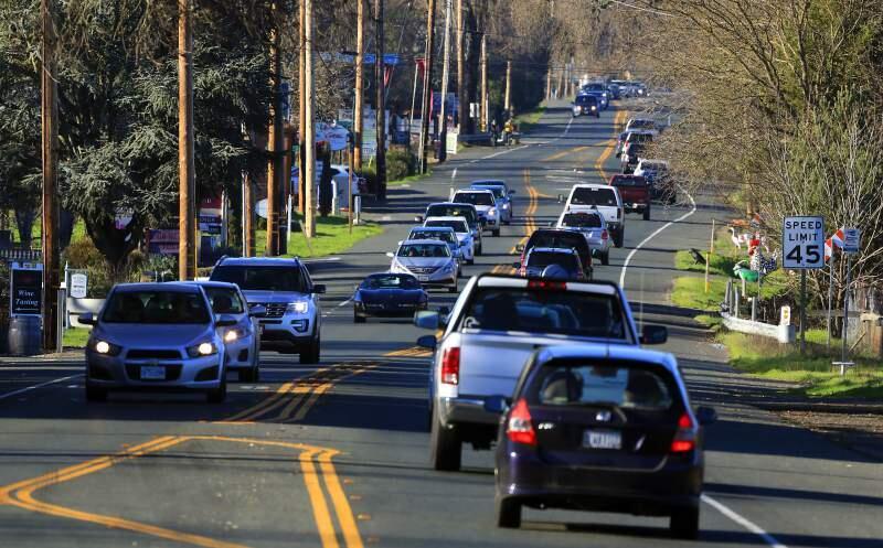 Sunday afternoon traffic on Hightway 12 in Kenwood, the Sonoma Valley. (The Press Democrat)