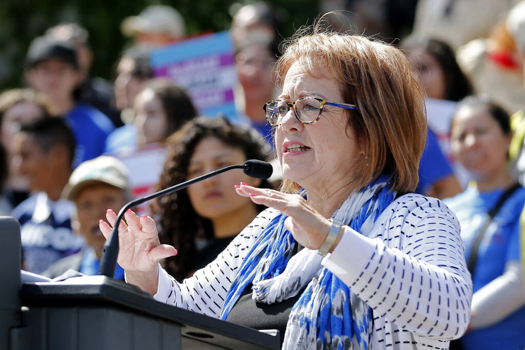 FILE - In this May 20, 2019, photo, state Sen. Maria Elena Durazo, D-Los Angeles, addresses a gathering in Sacramento, Calif. (AP Photo/Rich Pedroncelli, File)
