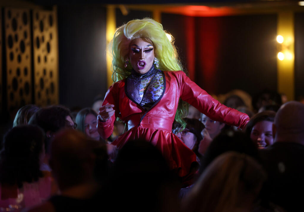 Delilah Befierce performs a dance and lip sync routine during the Drag Brunch hosted by THTR Productions at the Flamingo Resort hotel in Santa Rosa, Calif., Sunday, February 5, 2023. (Beth Schlanker/The Press Democrat)