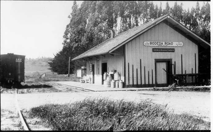 The Bodega Road railroad station in 1890. This was an important shipping point for small farmers located between Valley Ford and Freestone . There was no town at this place, just an important road crossing with farms on all sides. (Sonoma Heritage Collection -- Sonoma County Library)