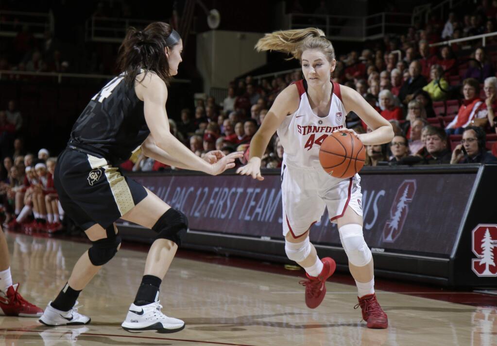 Stanford guard Karlie Samuelson (44) in action against Colorado during a game Sunday, Jan. 10, 2016, in Stanford. (AP Photo/Marcio Jose Sanchez)