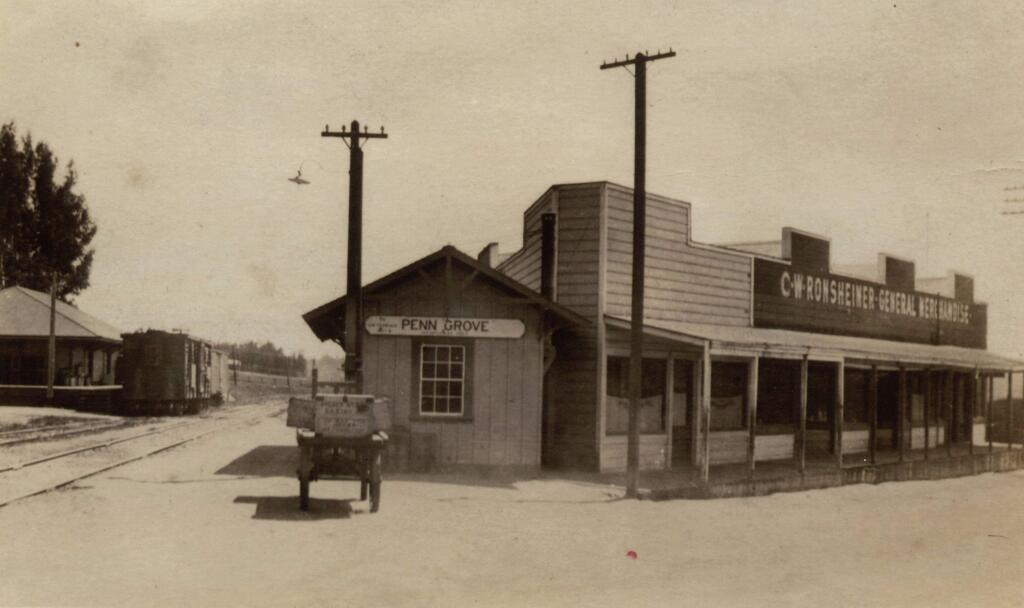 A view of the Northwestern Pacific Depot Station and C.W. Ronsheimer's General Store in downtown Penngrove in 1910. (Sonoma Heritage Collection -- Sonoma County Library)