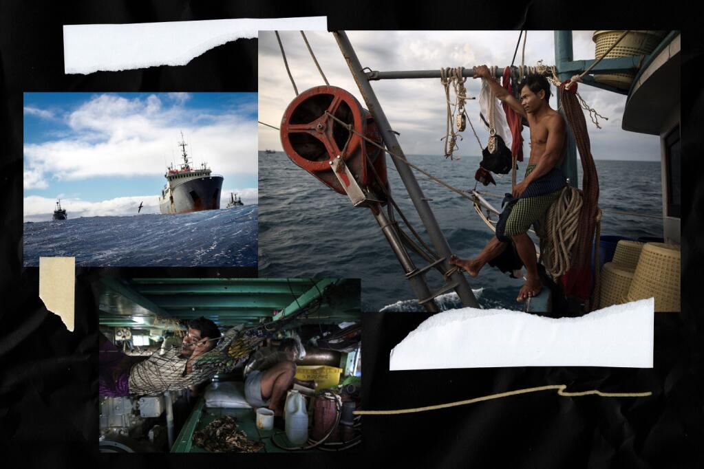 Stills from the Outlaw Ocean Project (clockwise from top): Storming the Thunder; Cambodian worker on a Thai fishing ship in the South China Sea; cramped sleeping quarters below deck on a Thai fishing ship. (The Ocean Outlaw Project; photo illustration by Nicole Vas / Los Angeles Times)