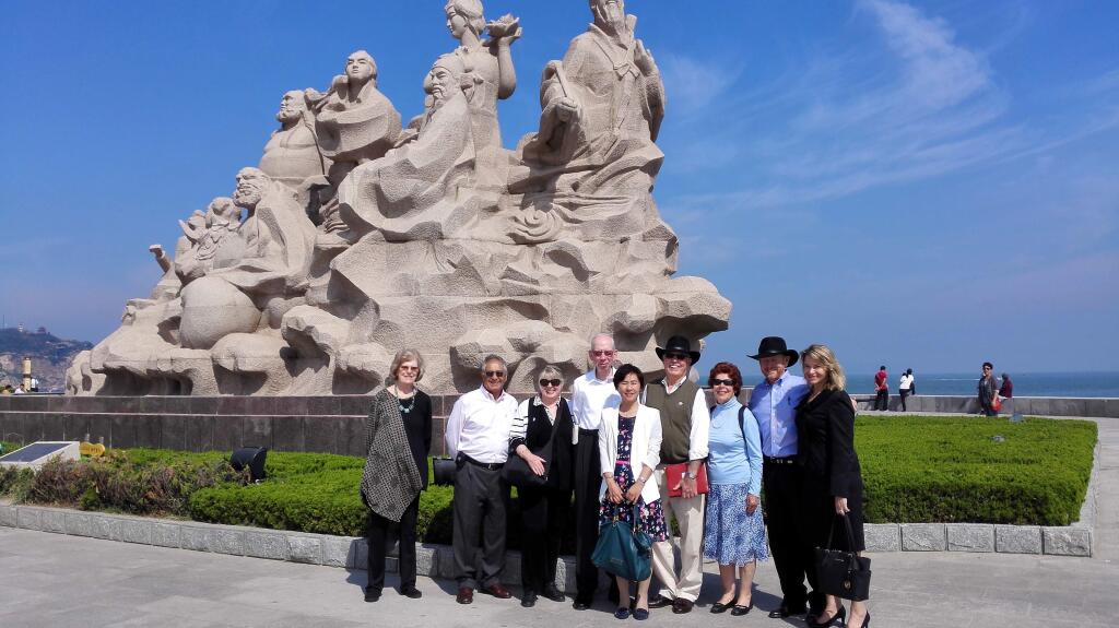 Sonoma's Sister Cities delegation to Penglai, in front of the Chinese city's statue celebrating the Eight Immortals. Left to right: Pat Carter, Keyvan Tabari, Sherri Ferris, Hans Steuck, Jenny Chi, Wayne and Cecilia Schake, Councilman Gary Edwards, Ruth Edwards.