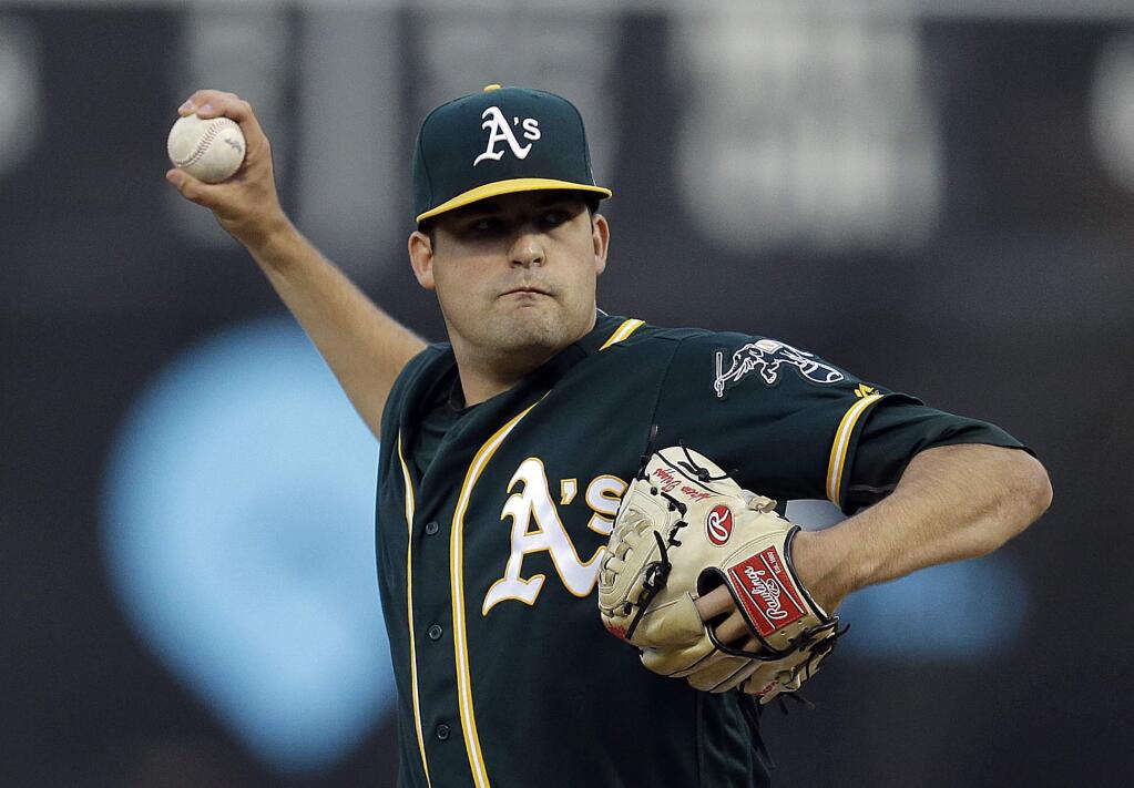 Oakland Athletics pitcher Andrew Triggs works against the Texas Rangers during the first inning of a baseball game Tuesday, April 18, 2017, in Oakland, Calif. (AP Photo/Ben Margot)