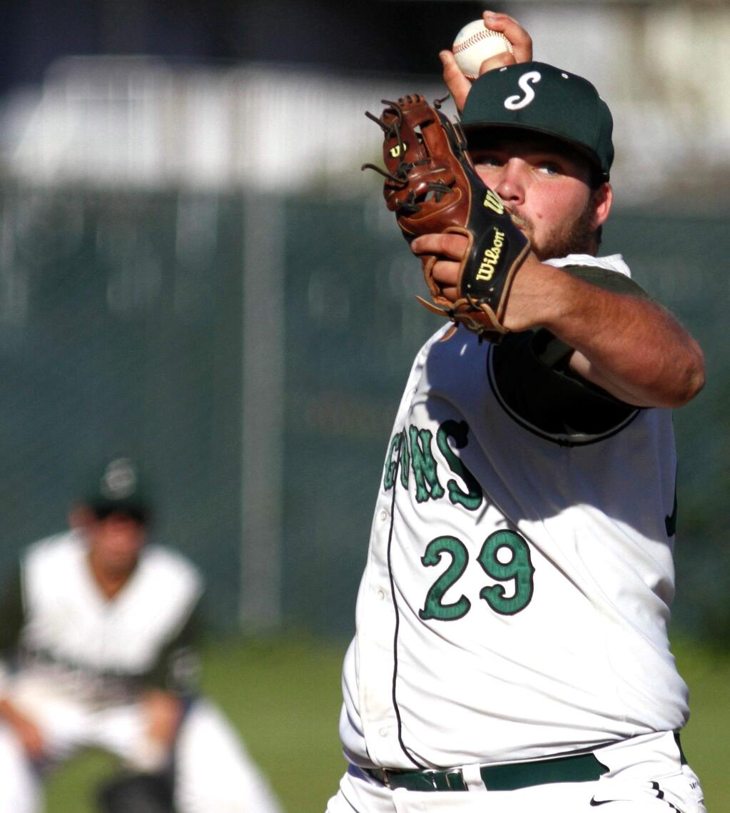 Bill Hoban/Index-TribuneSonoma's Maclean Meyn earns one of his eight strikeouts in pitching a two-hit shutout in leading the Dragons to a convincing SCL win over Healdsburg Friday afternoon at Arnold Field.